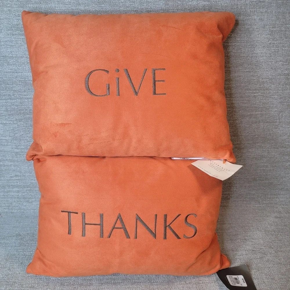 Pottery Barn GIVE THANKS Orange Lumbar Throw Pillows Fall Autumn 12x16 w TAGS